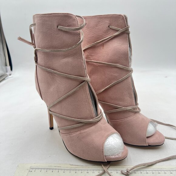 YDN Beige Peep Toe Faux Suede Ankle Booties Platform High Heels Lace Up Shoe - Picture 4 of 8